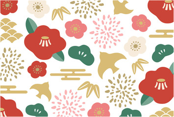 和柄の花と松竹梅のポップなフラットデザイン。ベクターイラストの背景。