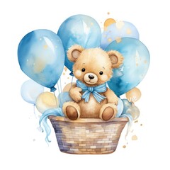 A watercolor baby teddy bear is sitting in the basket with blue and gold balloons.