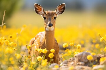 Female roe deer with beautiful flower.