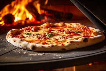 Freshly baked pizza closeup, traditional wood fired oven background.