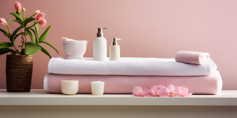 Fototapeta na wymiar Bathroom Decor with Soft Towels,, Towel Accessories in Bathroom Generative Ai
