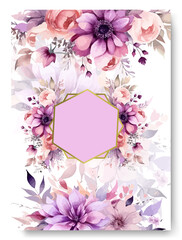 Arrangement of purple water lily flowers and leaves at corner frame hand painting on wedding invitation card