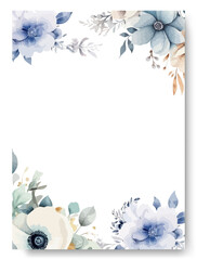 Arrangement of soft blue anemone flowers and leaves at corner frame hand painting on wedding invitation card