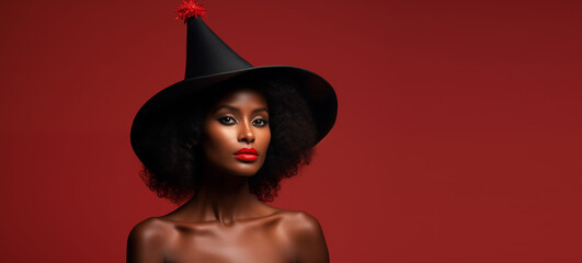 Portrait of dark skinned lady wearing a stylish pointed hat as a witch on a red background