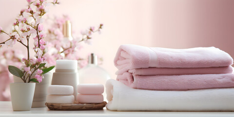 Fototapeta na wymiar Soft and Serene Bathroom Design,, Bathroom Accessories in Pink Hues Generative Ai