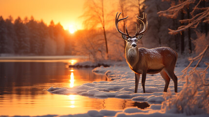 Deer in winter nature with sunset at the lake.