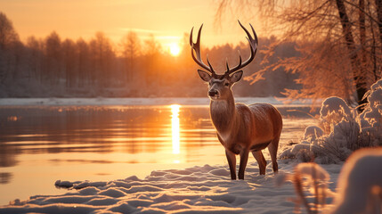 Deer in winter nature with sunset at the lake.