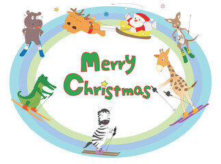 スキーをしている動物たちとクリスマスをお祝いしているサンタクロース。