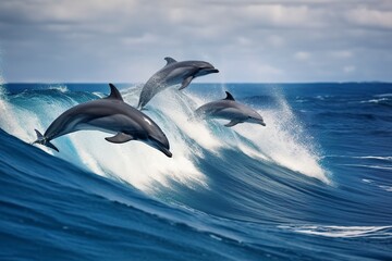 Playful dolphins jumping over breaking waves. Hawaii Pacific Ocean wildlife scenery. - obrazy, fototapety, plakaty