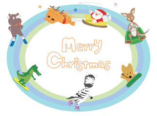 ウィンタースポーツをしている動物たちとクリスマスをお祝いしているサンタクロース。