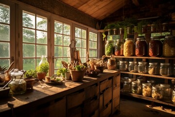 Rustic, sustainable, countryside kitchen with mason jars and communal sharing concept. Generative AI - obrazy, fototapety, plakaty