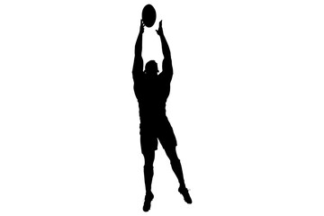 Digital png illustration of silhouette of male rugby player with ball on transparent background