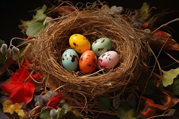 Colorful eggs in a nest, protected by a bird. Generative AI