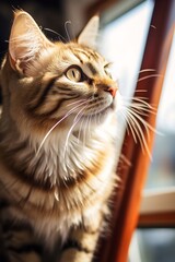Close-up of a tabby cat sitting on a windowsill, looking out at the world. The cat's fur is bathed in sunlight, and its eyes are wide and curious. In the background