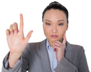 Digital png photo of asian businesswoman pointing on transparent background
