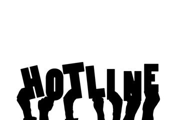 Digital png illustration of hands and hotline text on transparent background
