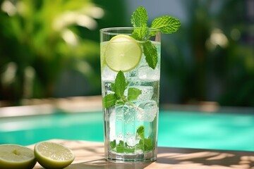 Refreshing drink: glass of chilled water with mint leaves and ice cubes on a blurry backdrop. Generative AI