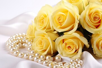 Yellow roses bouquet and pearls,in white background.