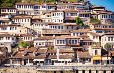 Fototapeta na wymiar Hillside houses, Berat- travel, tour tourism in Albania