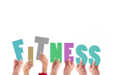 Digital png illustration of hands and fitness text on transparent background