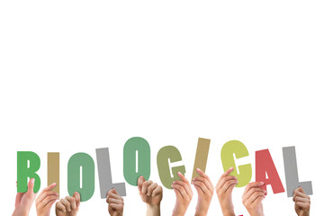 Digital png illustration of hands and biological text on transparent background