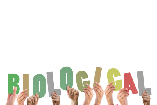 Digital png illustration of hands and biological text on transparent background