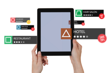 Digital png illustration of hands holding tablet with search engine on transparent background