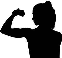 Digital png silhouette of sportswoman tensing muscles on transparent background