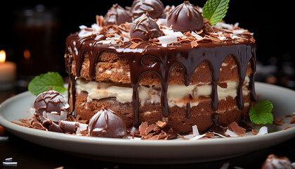 A slice of dark chocolate cake with whipped cream icing generated by AI