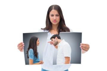 Digital png photo of caucasian woman holding card with arguing couple on transparent background