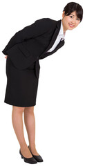 Digital png photo of happy asian businesswoman leaning over on transparent background