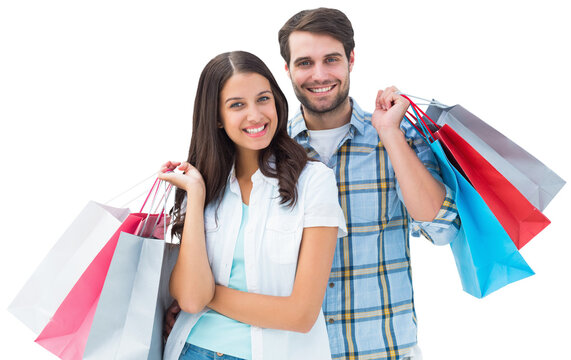 Digital png photo of happy caucasian couple with shopping bags on transparent background