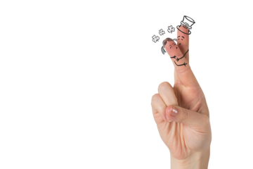 Digital png illustration of hand with embracing puppets on fingers on transparent background