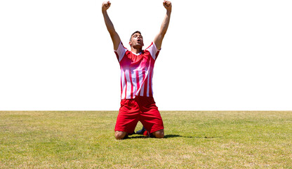 Digital png photo of happy latino football player enjoying victory on transparent background