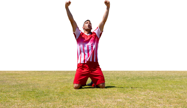 Digital png photo of happy latino football player enjoying victory on transparent background - Powered by Adobe