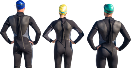 Digital png photo of back view of three male and female swimmers on transparent background