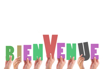 Digital png illustration of hands and bienvenue text on transparent background