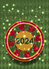 Christmas casino banner, poker chip 2024 new year. vector illustration	