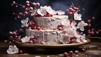 Gourmet chocolate dessert with fresh berry decoration on rustic wood generated by AI
