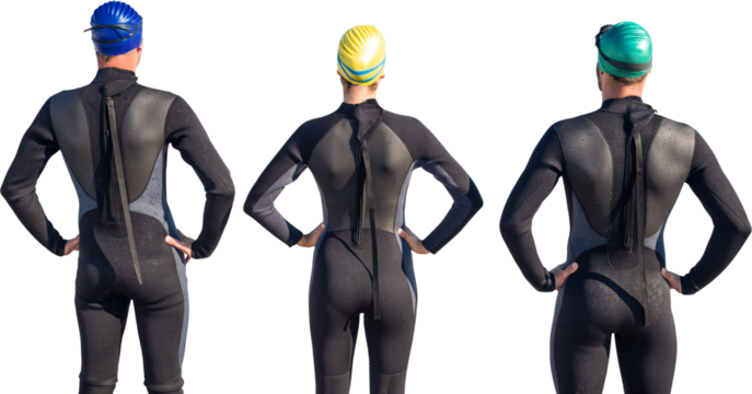 Digital png photo of back view of three male and female swimmers on transparent background