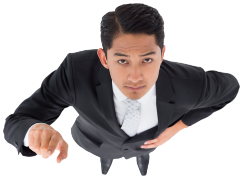 Digital png photo of happy biracial businessman pointing finger on transparent background