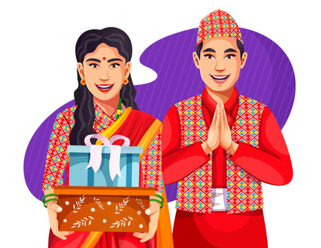 Smiling Nepalese couple greeting wearing a traditional dress standing in a greeting pose to Namaste hands, giving ribbon bow gift boxes isolated on background, man wearing Dhaka Topi