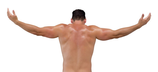 Digital png photo of back view of muscular man outstretching arms on transparent background