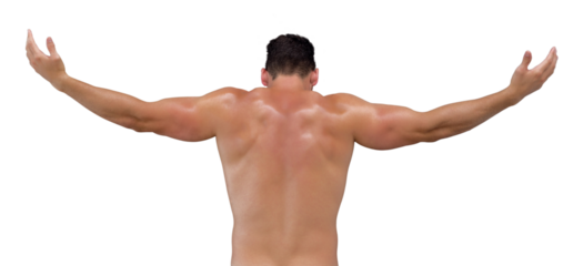 Digital png photo of back view of muscular man outstretching arms on transparent background