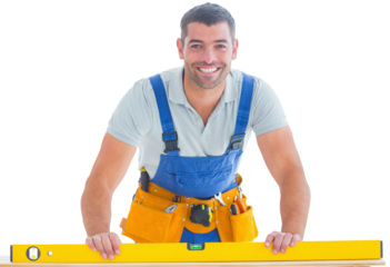 Digital png photo of happy caucasian worker holding yellow level on transparent background