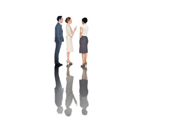 Digital png photo of three caucasian male and female businessmen talking on transparent background