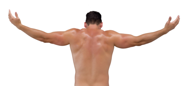 Digital png photo of back view of muscular man outstretching arms on transparent background