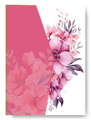 Arrangement of pink anemone flowers and leaves at corner frame hand painting on wedding invitation card