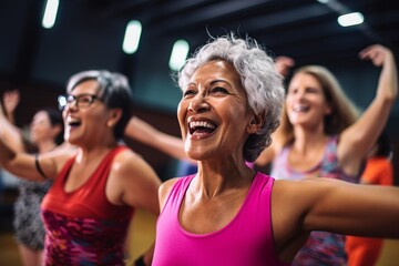 African american senior female retired adult exercising in dance class; portrait of elderly woman smiling looking at camera; old mature healthy person training fitness; health and wellness lifestyle - obrazy, fototapety, plakaty