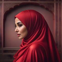 woman in a red dress: Muslim woman with hijab